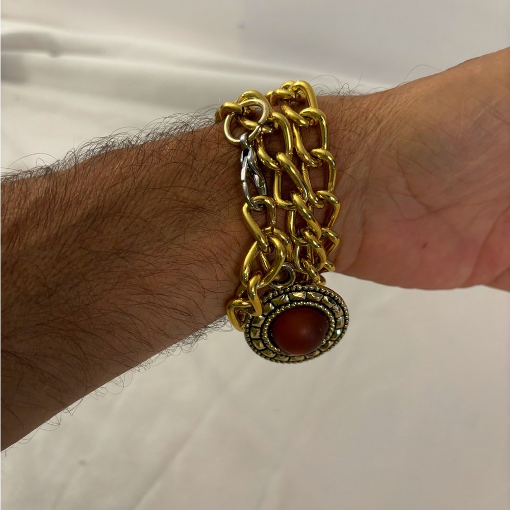 Gold Tone Chain Wrist or Ankle Bracelet with Gemstone 17” Chain, Boho, Hippie